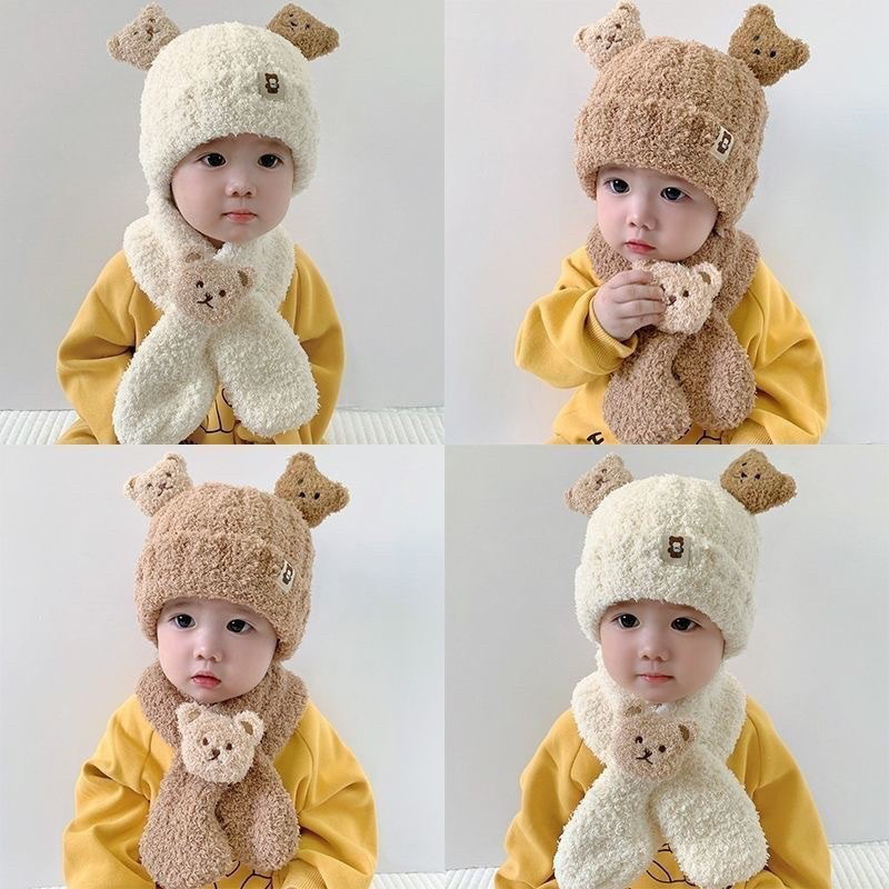 Chapéu De Urso De Bebê Lenço De Duas Peças Conjunto De Velo Forrado Com Forro Quente Mantendo Fofo Masculino E Feminino