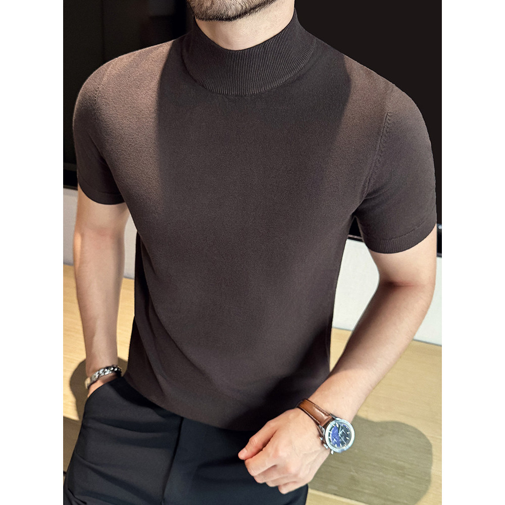 Anti-Pilling alta contagem de alta densidade meia gola alta camisola de manga curta masculina moda tendência magro-ajust