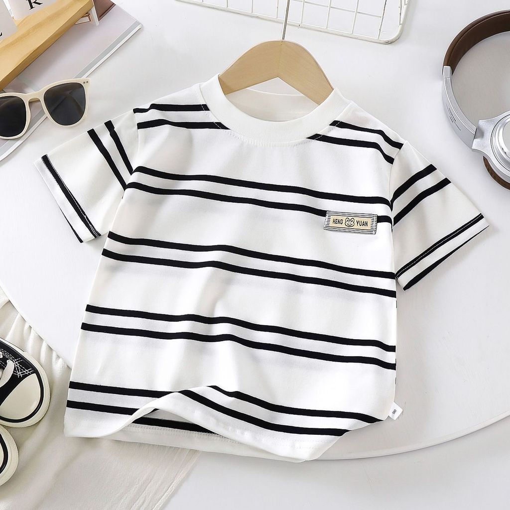 Camiseta infantil listrada de algodão para bebê Casual manga curta Top de algodão