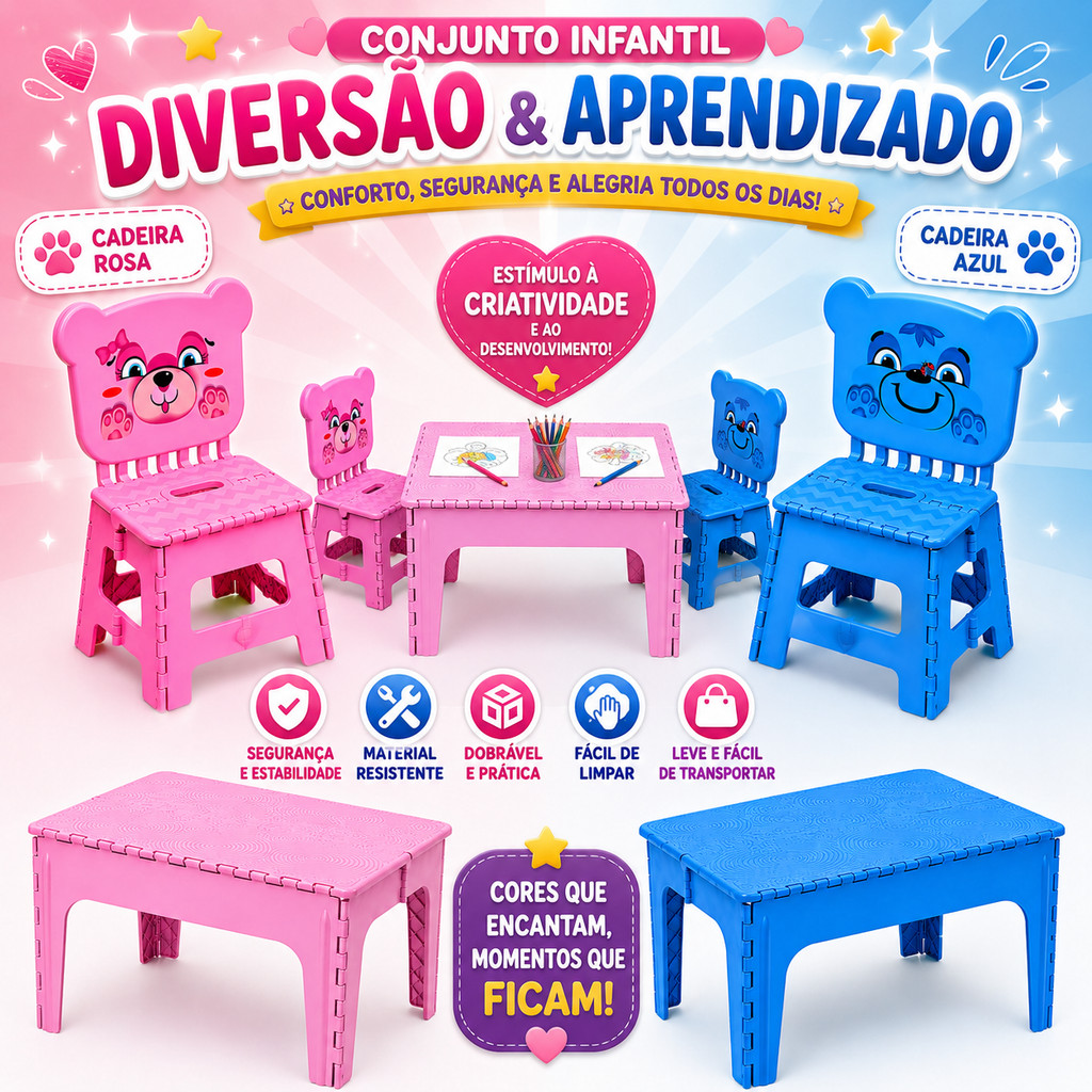 MESA CADEIRA POLTRONA E BANQUETA DOBRÁVEL URSINHO INFANTIL COM ENCOSTO