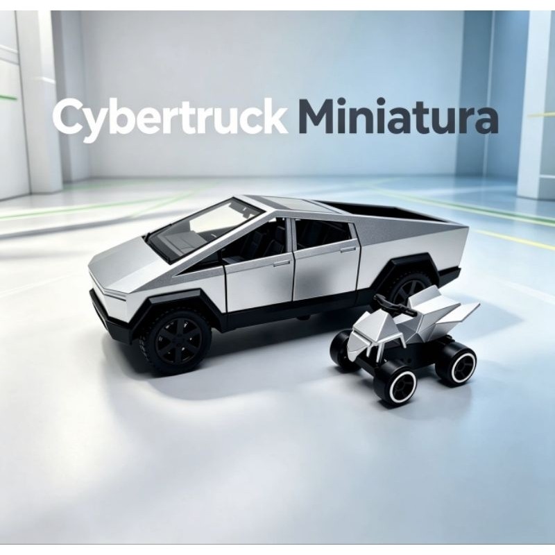Miniatura Caminhonete Cybertruck de Metal com Moto ATV, Carrinho de Fricção 12cm, Portas Abertas, Brinquedo Colecionável