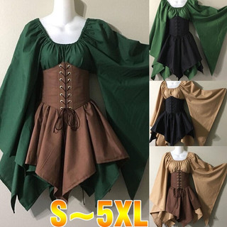 Conjunto de Fantasia Medieval Feminina de Elfo da Floresta com Corset e Vestido para Halloween MDLI JJ7V