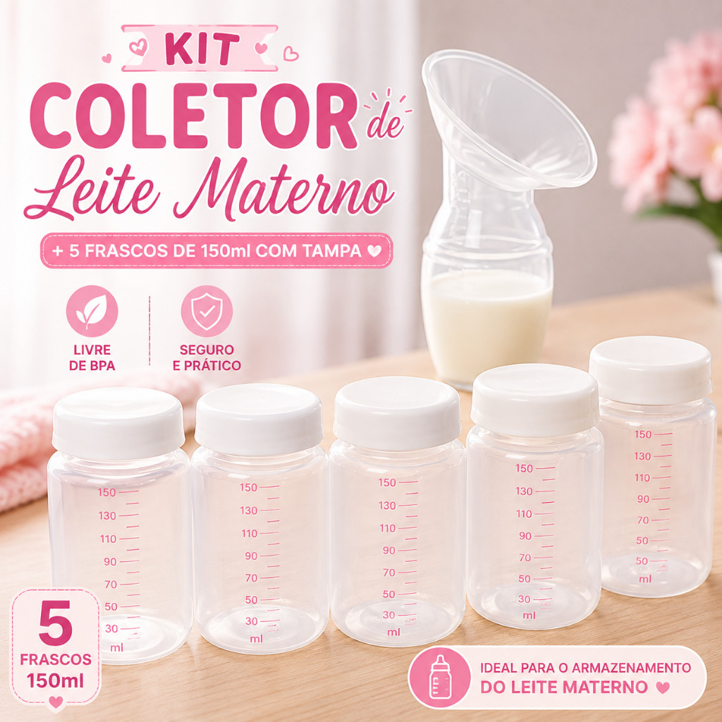 Kit Coletor de Leite Materno Manual Silicone + 5 Frascos Plástico 150ml Com Tampa Livre de BPA