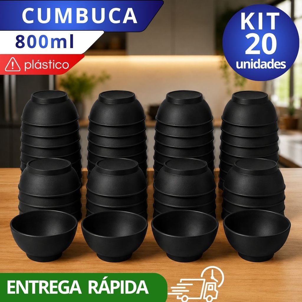 Kit 20 Potes Cozinha 800ml Tigelas Cumbucas Bowls Plástico Preta Açaí Sorvete Doce Salgado