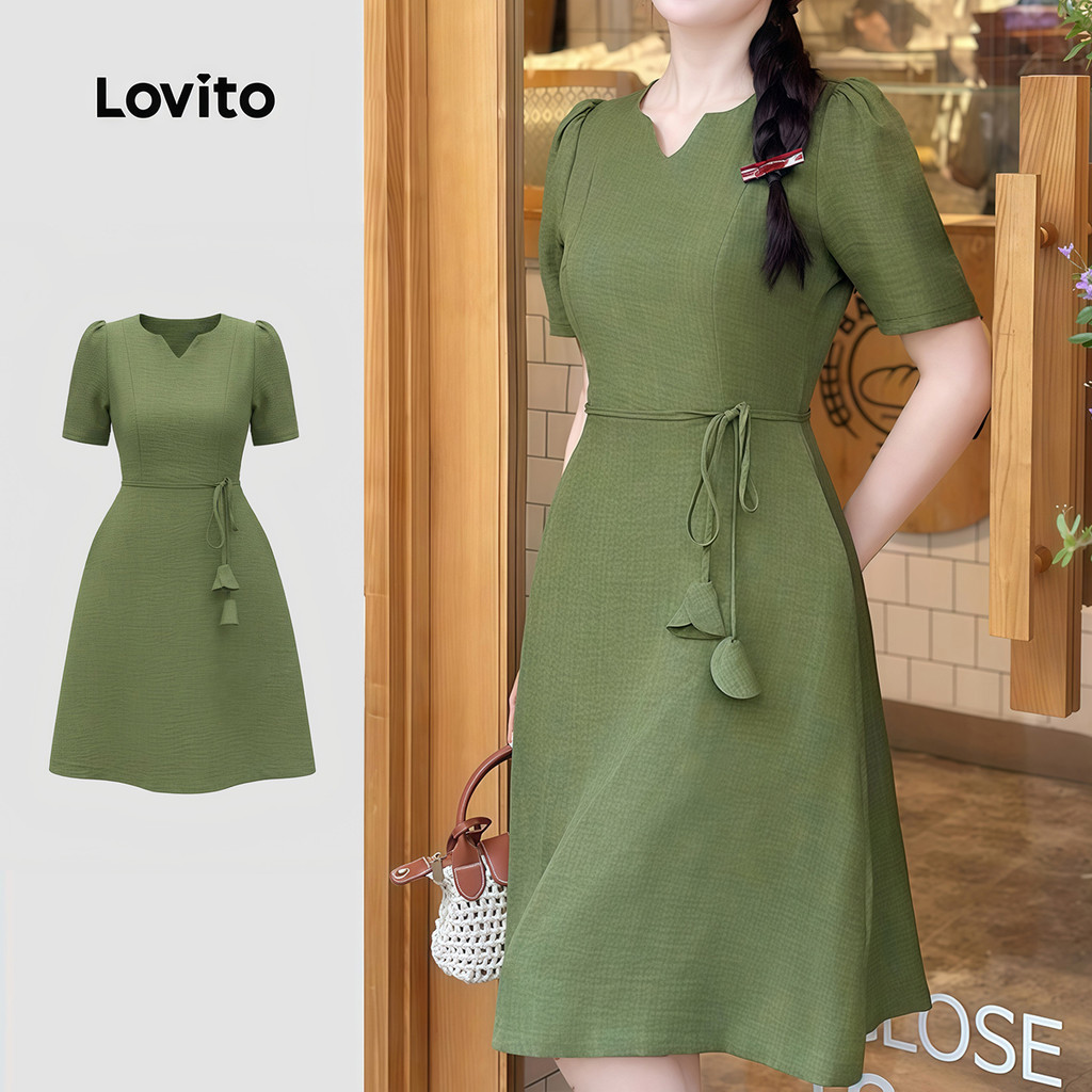 Lovito Vestido Casual com Cinto e Barra de Babados Verde Primavera/verão para mulheres LK5ED804