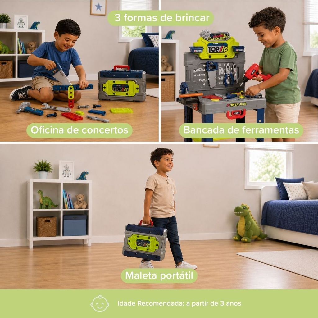 Maleta Bancada Ferramentas 2 em 1 Brinquedo Infantil Parafusadeira Elétrica 129 Peças Maxi Toys — imagem 2 de 2