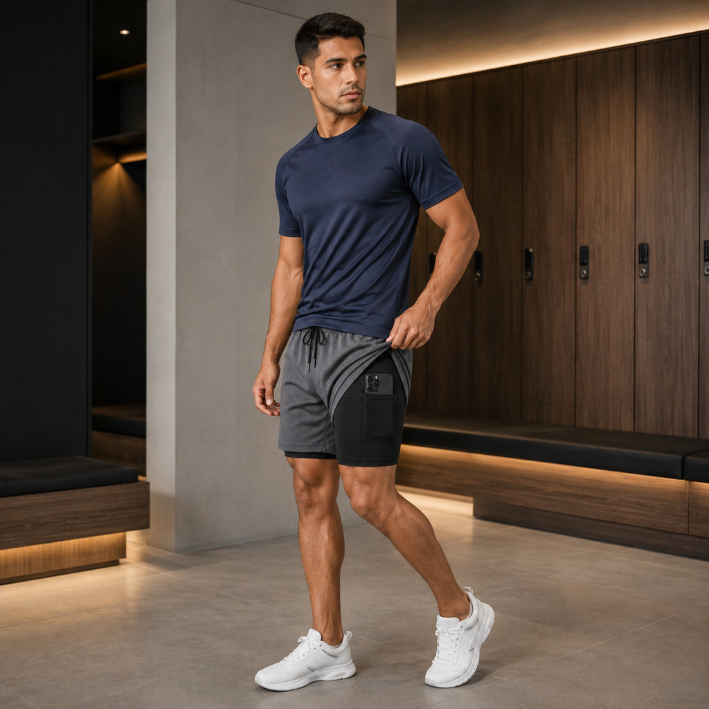 Conjunto Masculino Dry Fit Academia Camiseta Esportiva Short Compressão com Bolso Treino Fitness**