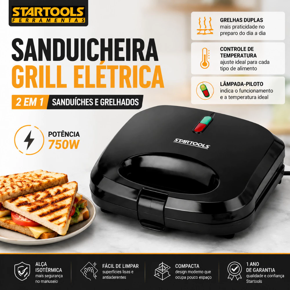 Sanduicheira Grill Startools Preta 127V Preta Elétrica 750w Ultra Rápido, e Outros Petiscos