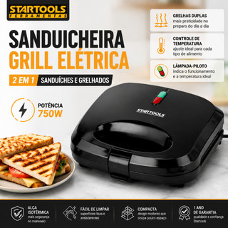 Sanduicheira Grill Startools Preta 127V Preta Elétrica 750w Ultra Rápido, e Outros Petiscos