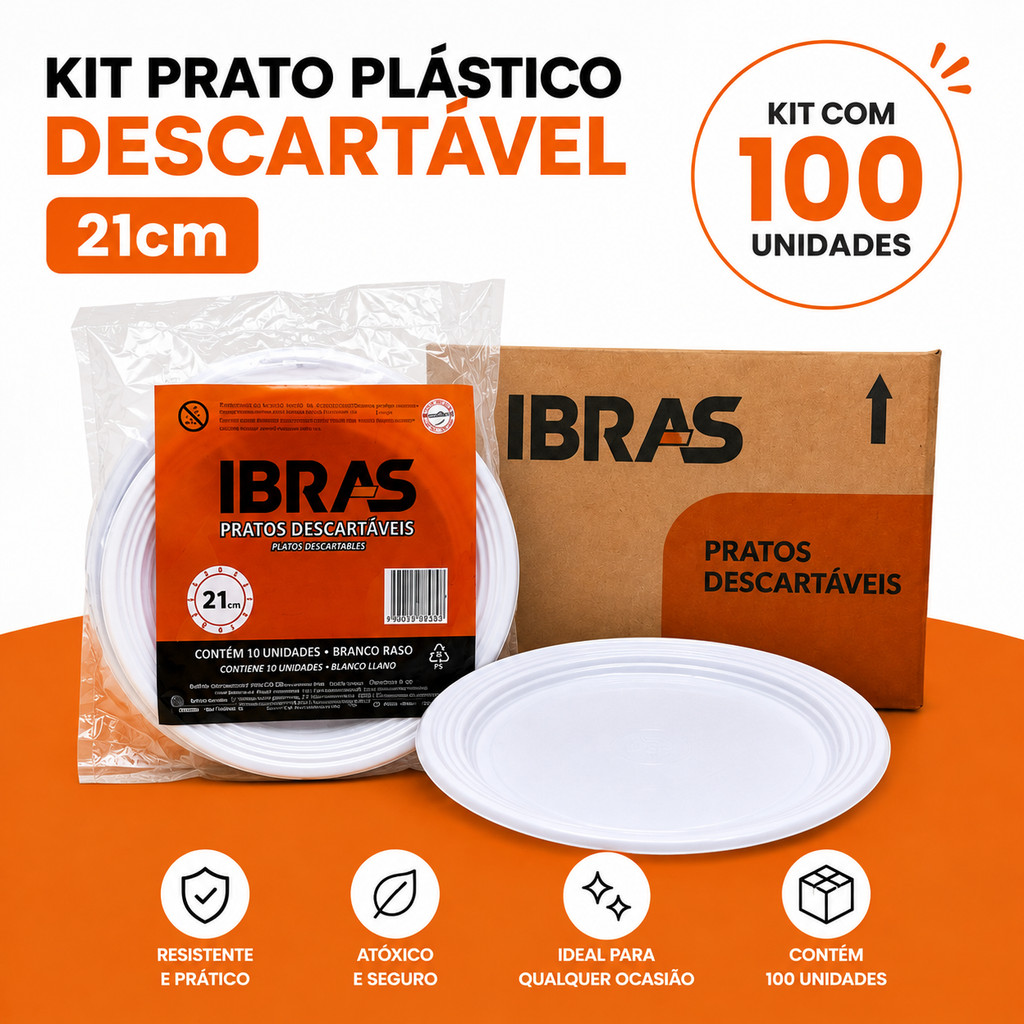 Prato Descartável Branco - Pacote com 100 unidades - Refeição 21cm