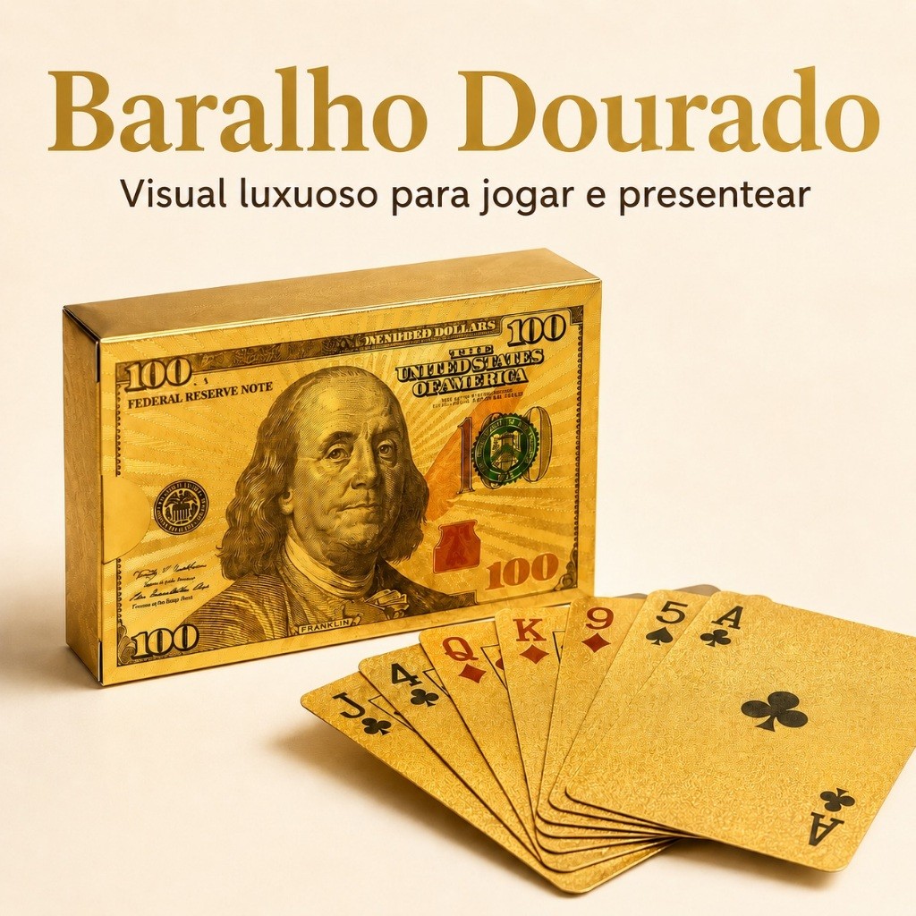 Baralho Dourado Cartas de Poker com Caixa Estilo Nota de 100 Dólares para Jogos Presente e Coleção