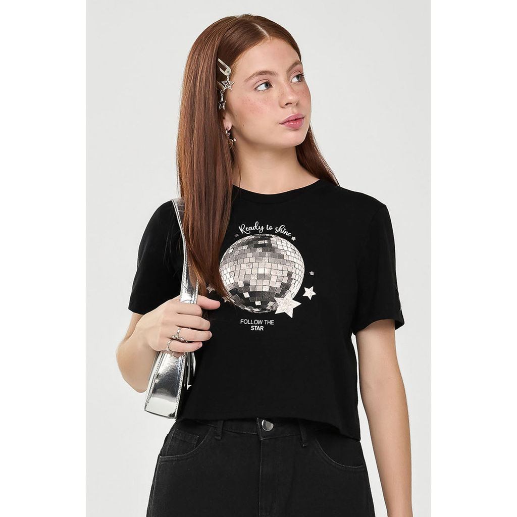 Blusa Cropped Juvenil Menina Disco Ball Beats Preto