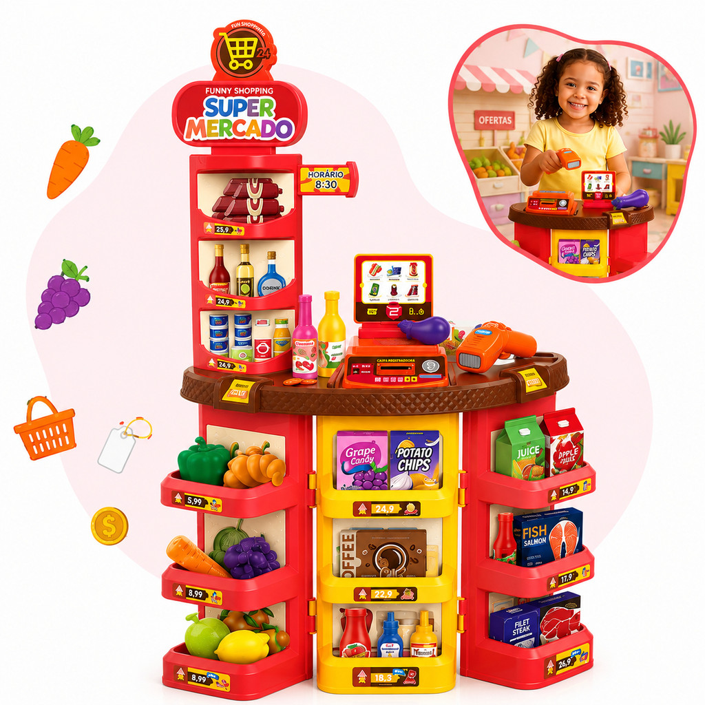 Mercadinho Infantil 62 Peças Mesinha Doces Frutas Verduras Miniatura Brinquedo Educativo Imaginação Menina Kizumba