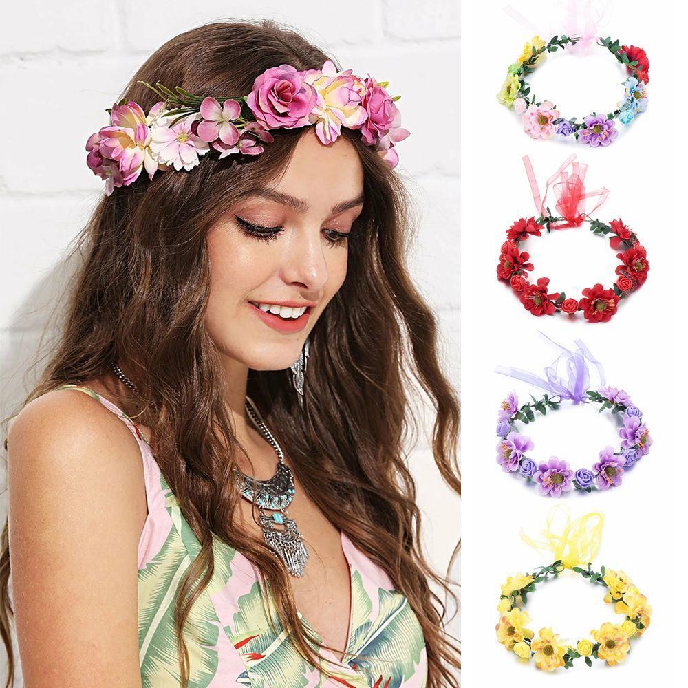 SUEBR Coroa De Flores Rosas Feminina Com Fita Ajustável , Acessórios De Casamento , Halo De Noiva