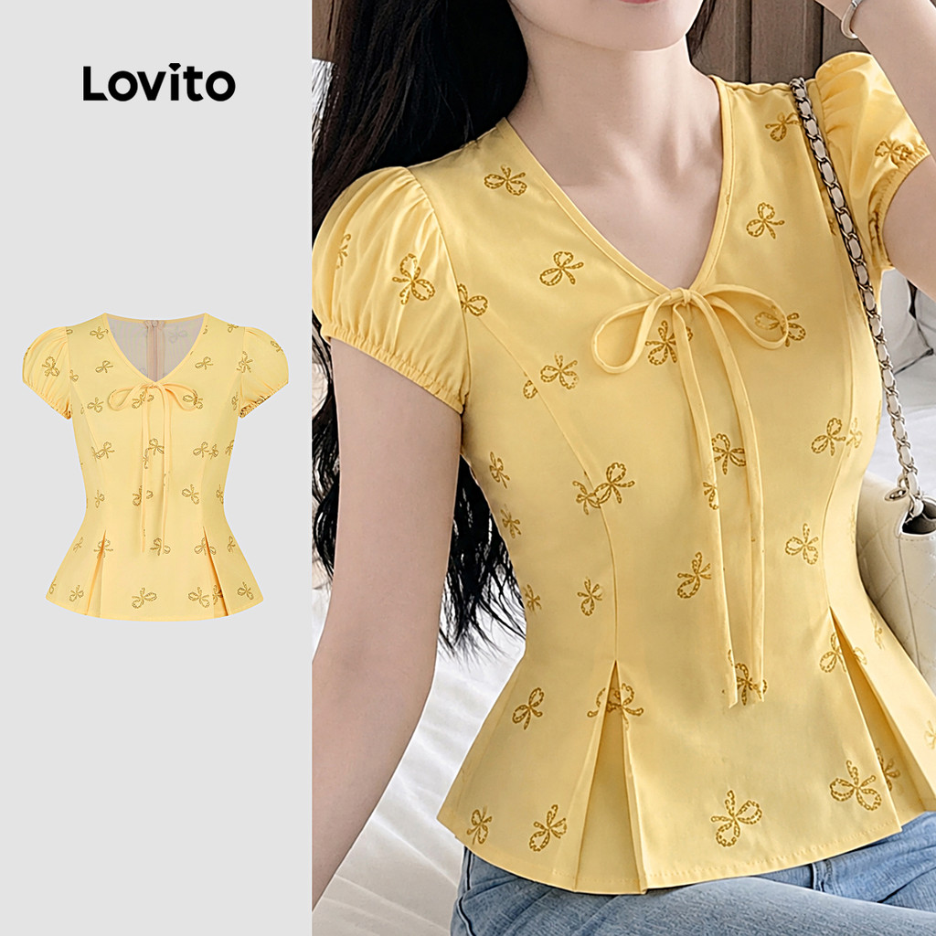 Lovito Blusa Casual com Padrão Plissada Leve Amarela para Mulheres L198ED3103