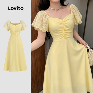 Lovito Vestido Elegante com Bordado Amarelo para Mulheres Perfeito para Primavera/Verão DRK8P1D165