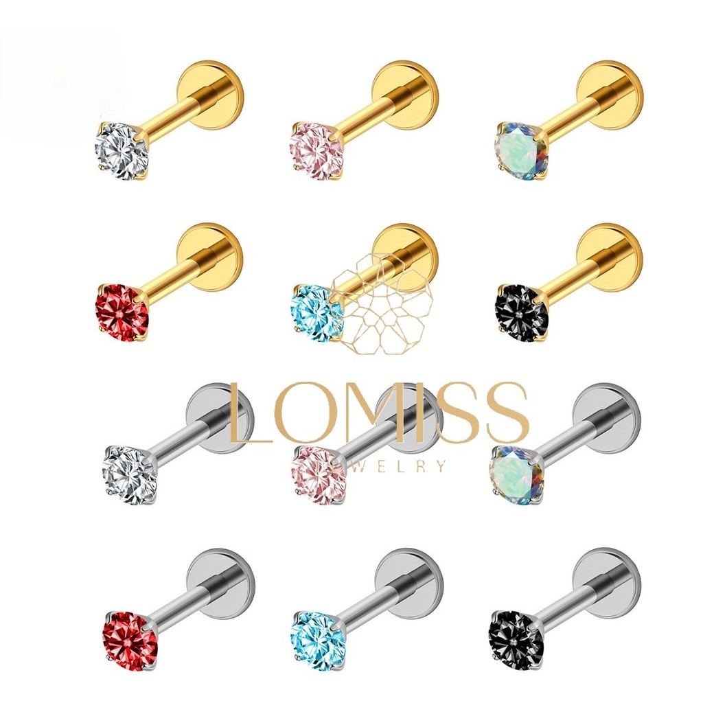 LOMISS Piercing Labret 100% Titânio G23 com Zircônia Colorida Cravejada | Helix Tragus Conch Nariz Boca Antialérgico