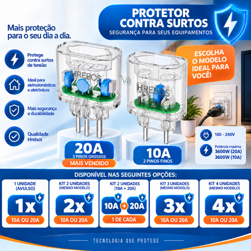 Protetor Contra Surtos DPS 10A e 20A Bivolt 3600W 1 2 3 Unidades KIT/Avulso