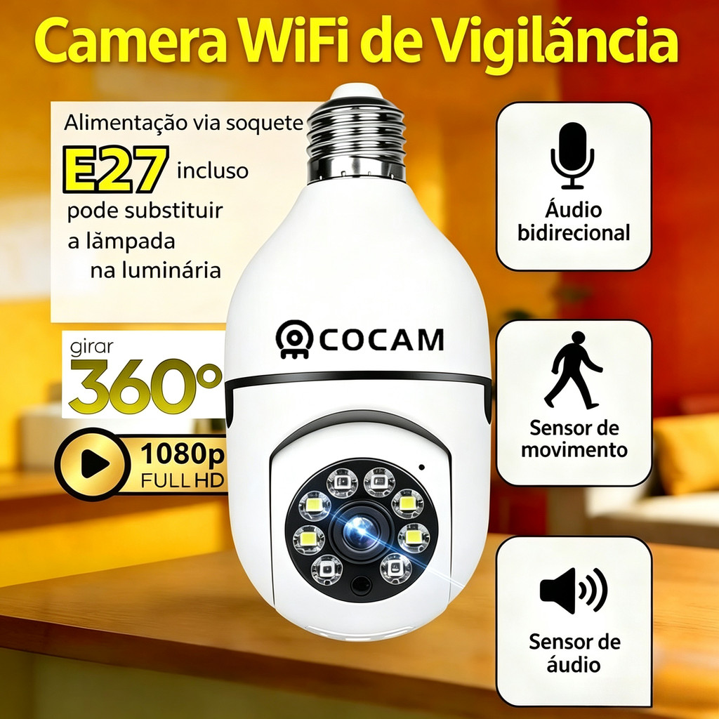 360 ° Câmera IP Wi-Fi Sem Fio Giratória Com Suporte Para Luminária , PTZ , Full HD , Visão Noturna , Segurança