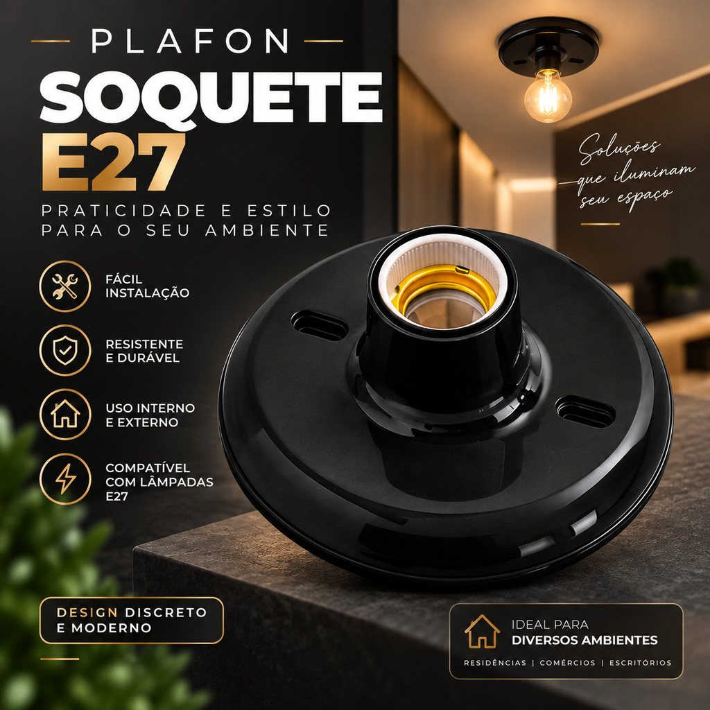 Luminária Plafon Teto Plafonier 110/220v Bocal E27 Estrutura Preto 127/220v