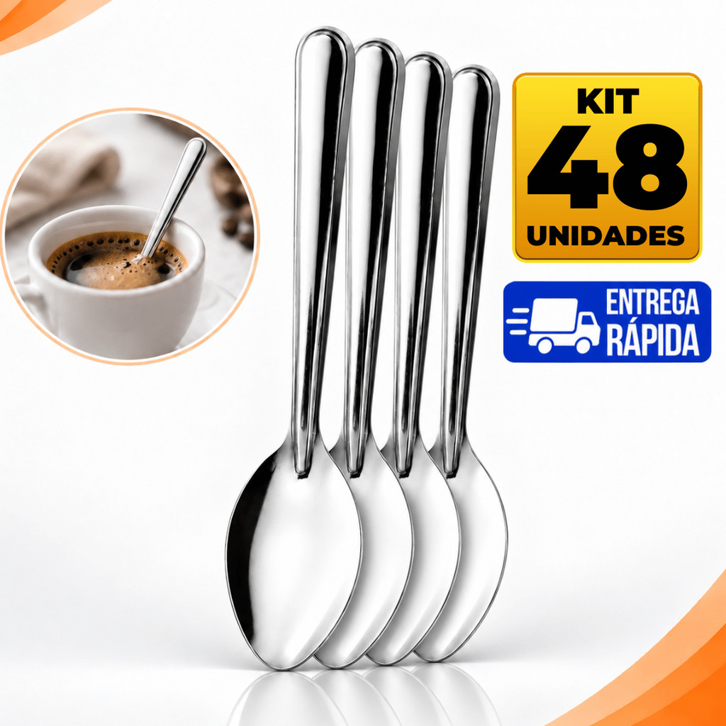 Kit 48 Unidades Colher de Café Inox Para Café Chá Doces Mesa Restaurante Cafeteria Hotel Buffet Eventos Alta Qualidade