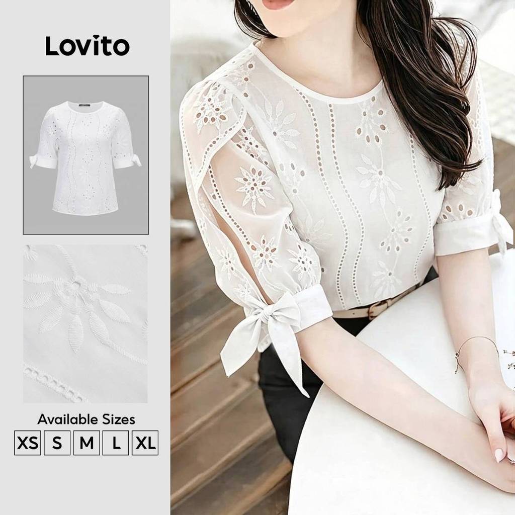 Lovito Blusa Boho Renda Plissada Amarração Primavera/verão Branca Feminina Bordado BLK8P1D394