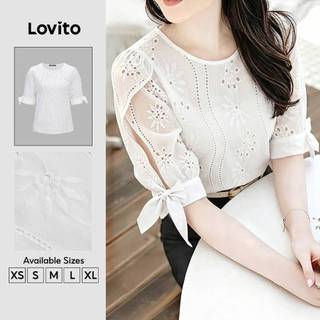Lovito Blusa Boho Renda Plissada Amarração Primavera/verão Branca Feminina Bordado BLK8P1D394
