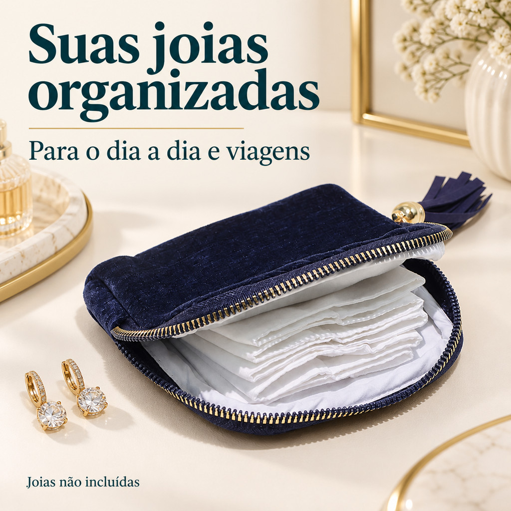 Estojo Organizador de Joias em Tecido para Viagem com Zíper e Franja e Divisórias para Anéis Brincos Colares e Pulseiras