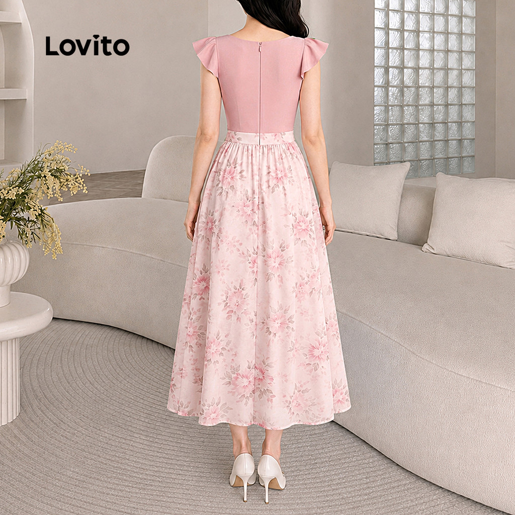 (New Arrival) Lovito Vestido Feminino Rosa Floral Color Block Com Babados Longo E evasê Para Trabalho primavera/verão DRB204P1D308 — imagem 2 de 2