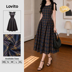 Lovito Vestido Feminino Xadrez Casual com Amarração e Drapeado Modelo Longo A Primavera Verão Fim de Semana DRB204P1D402