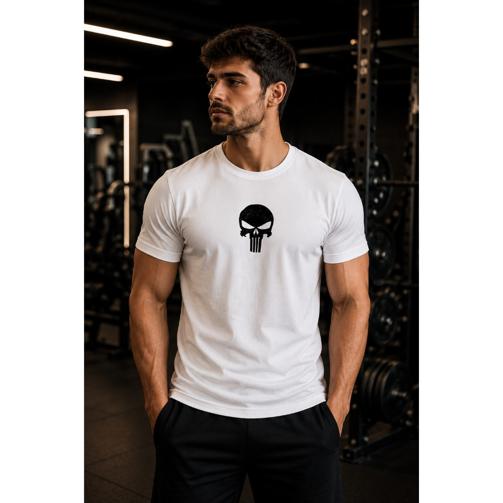 Camiseta Justiceiro Masculina Lisa 100% Algodão Casual Dia A Dia Trabalho Escola Academia Streetwear Moda Diária Treino