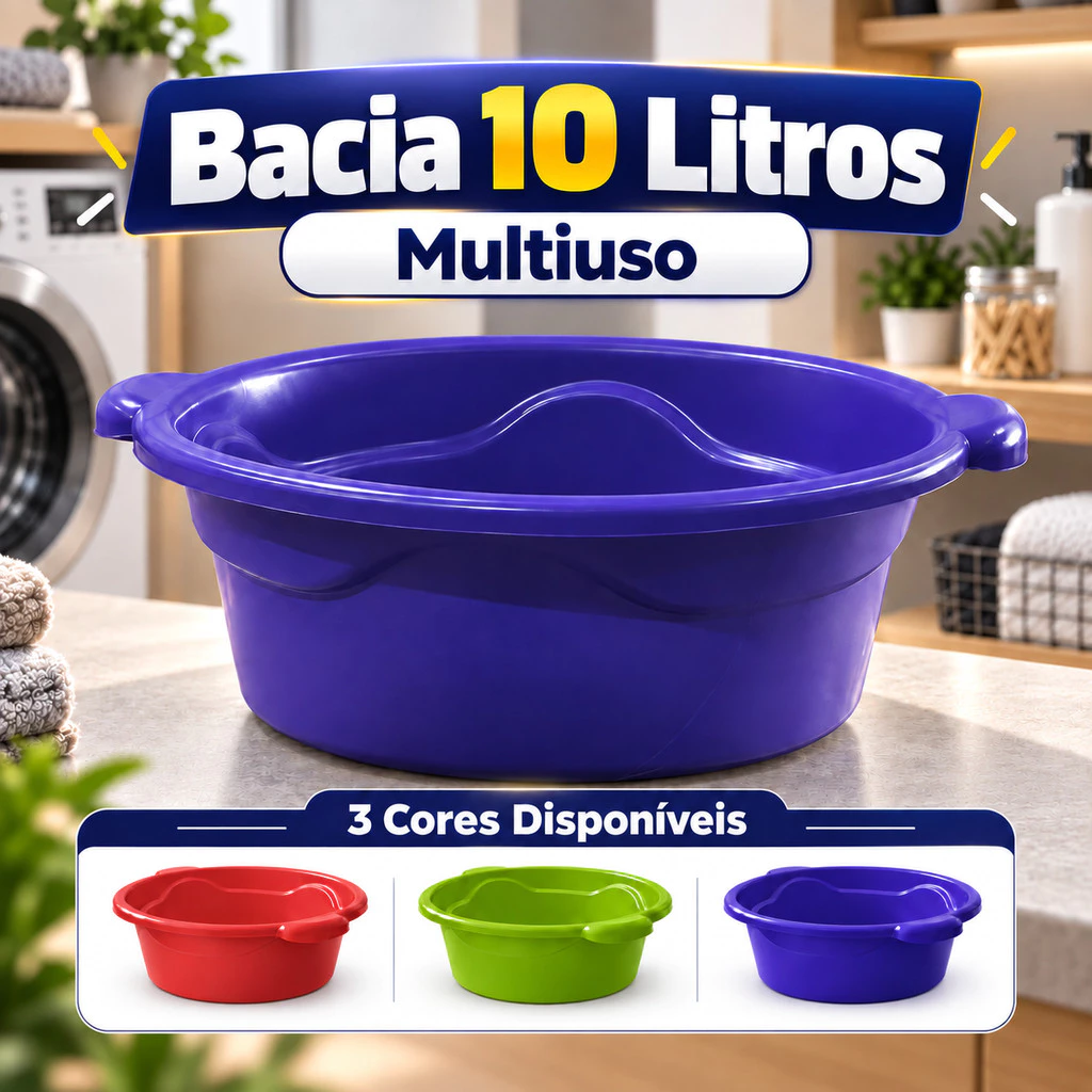 Bacia 10L Plástico Resistente Multiuso Cozinha Lavanderia Limpeza Doméstica Prática Colorida Casa