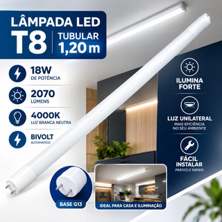 Lâmpada 1.20M Tubular T8 18W 4000K Base G13 2070 Lumens Bivolt Ilumina Forte Unilateral Fácil Instalar Casa & Iluminação