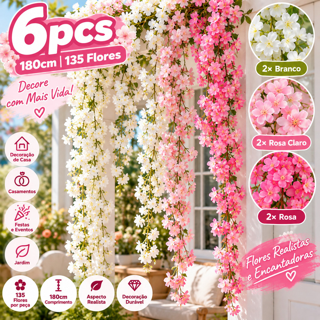 Kit 6 Flores de Cerejeira Artificial Trepadeira 180cm 135 Flores para Decoração Casa Festa Casamento Parede Jardim