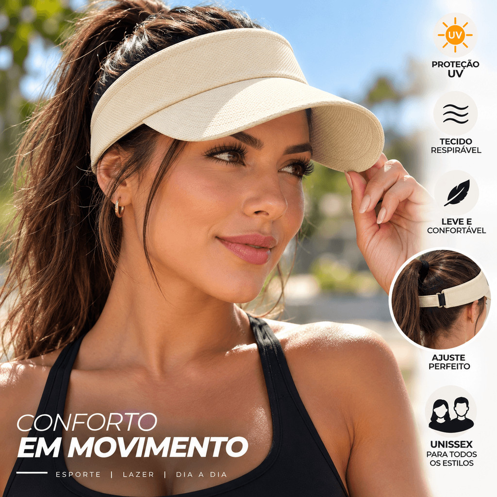 Viseira Feminina Aba Larga Proteção Solar UV Respirável Ajustável com Velcro para Praia Corrida Caminhada Esporte