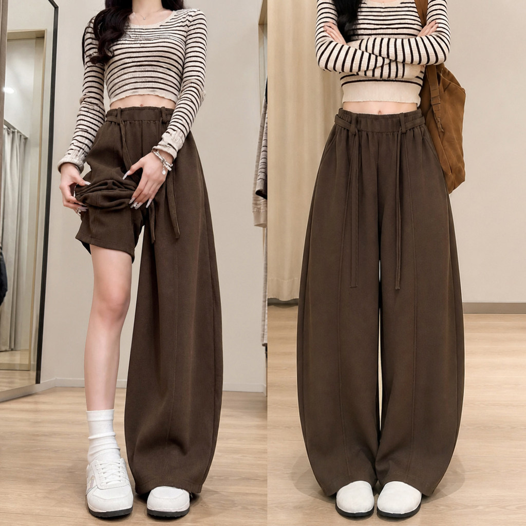 Café cor Machete calças femininas outono 2026 novo estilo solto em linha reta Casual esportes Sweatpants pequena Banana 