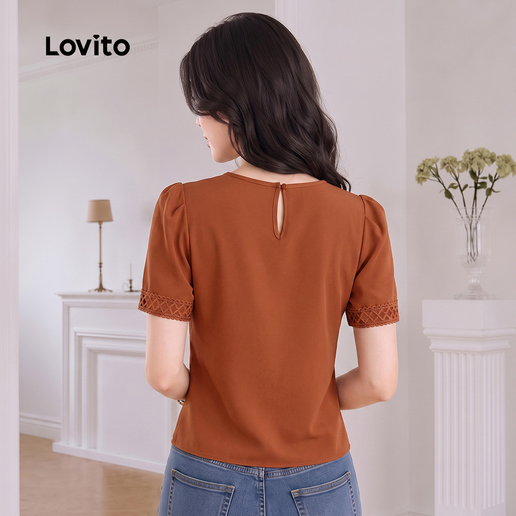 (New Arrival) Lovito Blusa Feminina Laranja Elegante De Cor Sólida E Lisa Com Mangas Curtas Gola Redonda E Babado Exagerado Para Trabalho Primavera E Verão BLB204P1D813 — imagem 2 de 2