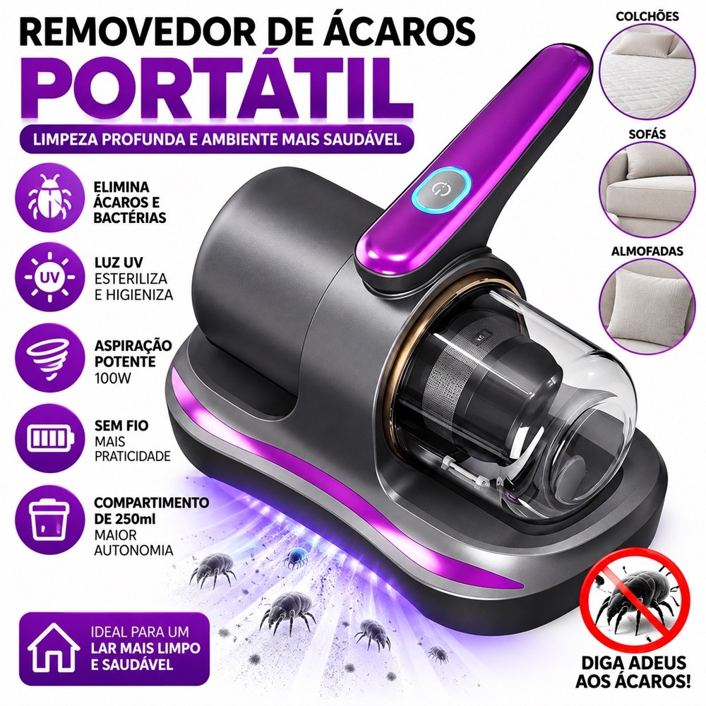 Aspirador de Pó Portátil Sem Fio Escova Removedor de Ácaro Recarregável USB