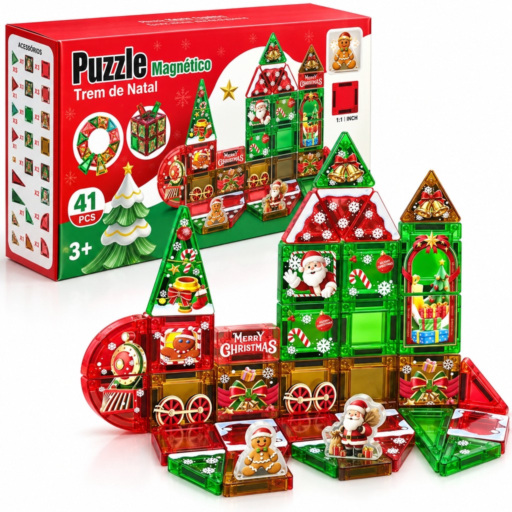 Kit 41 Peças Blocos Magnéticos Infantil Trem de Natal Puzzle Magnético 3+ presente natal