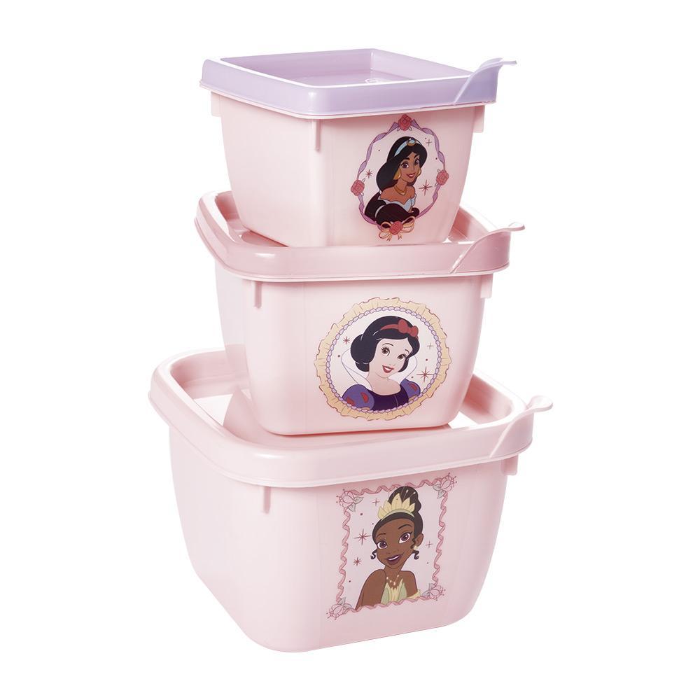 Kit 3 Potes Lancheira Princesas Passeio Papinha Ariel Cinderela Rapunzel Bela Tiana Branca de Neve Jasmine Plasútil