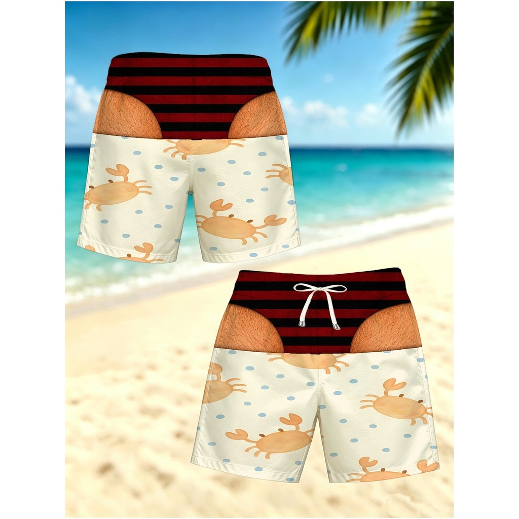 Shorts estampados engraçados masculinos, caranguejos engraçados de desenho animado e padrões listrados, Design impresso 