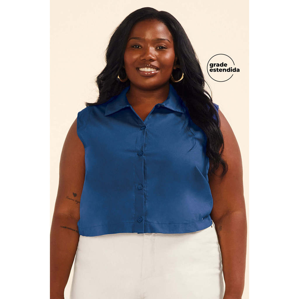 Camisa Feminina Tricoline Sem Mangas Marialícia Azul