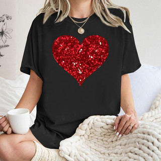 [Camiseta Premium Algodão Puro]LA Feminina Curta Estampa Glitter Coração Vermelho para Festas e Eventos Sociais