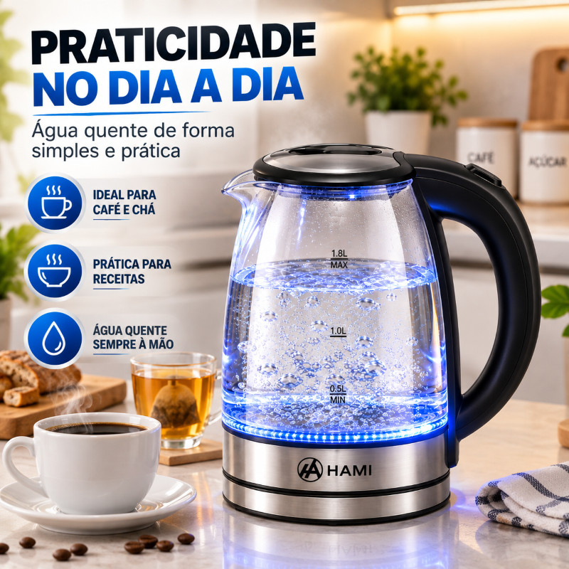Chaleira Elétrica de Vidro 1.8L – Fervura Rápida, Design Moderno e Portátil Desligamento automattica