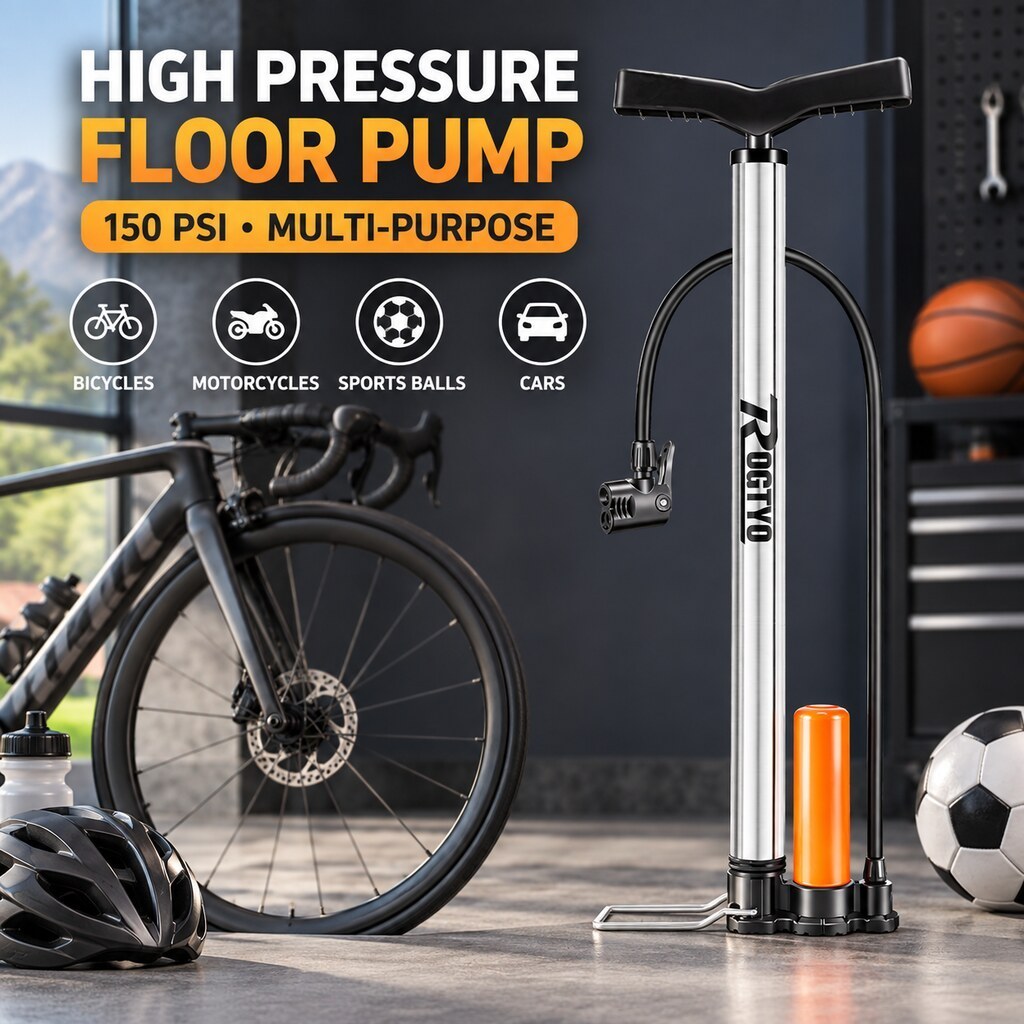 Inflador de bicicleta inflador de alta pressão pé bomba de ar Material de aço inoxidável 150PSI bocal multifuncional ade