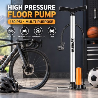 Inflador de bicicleta inflador de alta pressão pé bomba de ar Material de aço inoxidável 150PSI bocal multifuncional ade