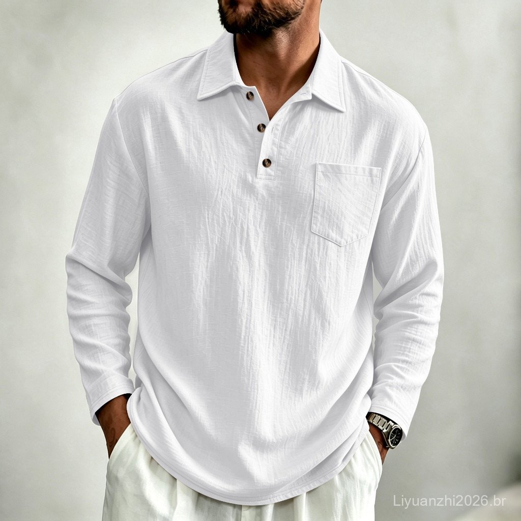 Camisa Polo de Linho Masculina de Manga Comprida com Textura Plissada, Gola Clássica + Design de Botões em Xadrez FKT2