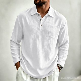 Camisa Polo de Linho Masculina de Manga Comprida com Textura Plissada, Gola Clássica + Design de Botões em Xadrez FKT2