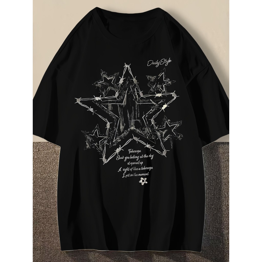 Camiseta Feminina Oversized Estrela e Espadas Confortável Linda Moderna Estilosa Casual Tendência