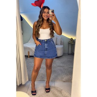 Short Saia Premium Julia saia jeans feminina, cintura alta, saia curta, saia evasê, saia jeans azul, moda feminina.